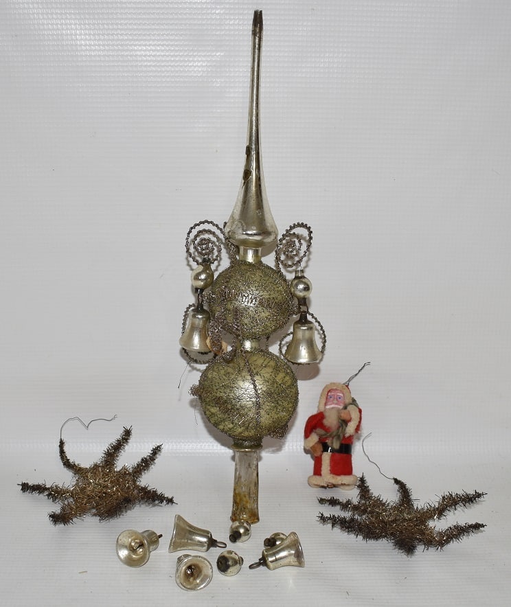 EARLY GERMAN WIRE WORK/GLASS TREE TOPPER, 19TH C.: EARLY GERMAN WIRE WORK/GLASS TREE TOPPER, 19TH C., H. 12"