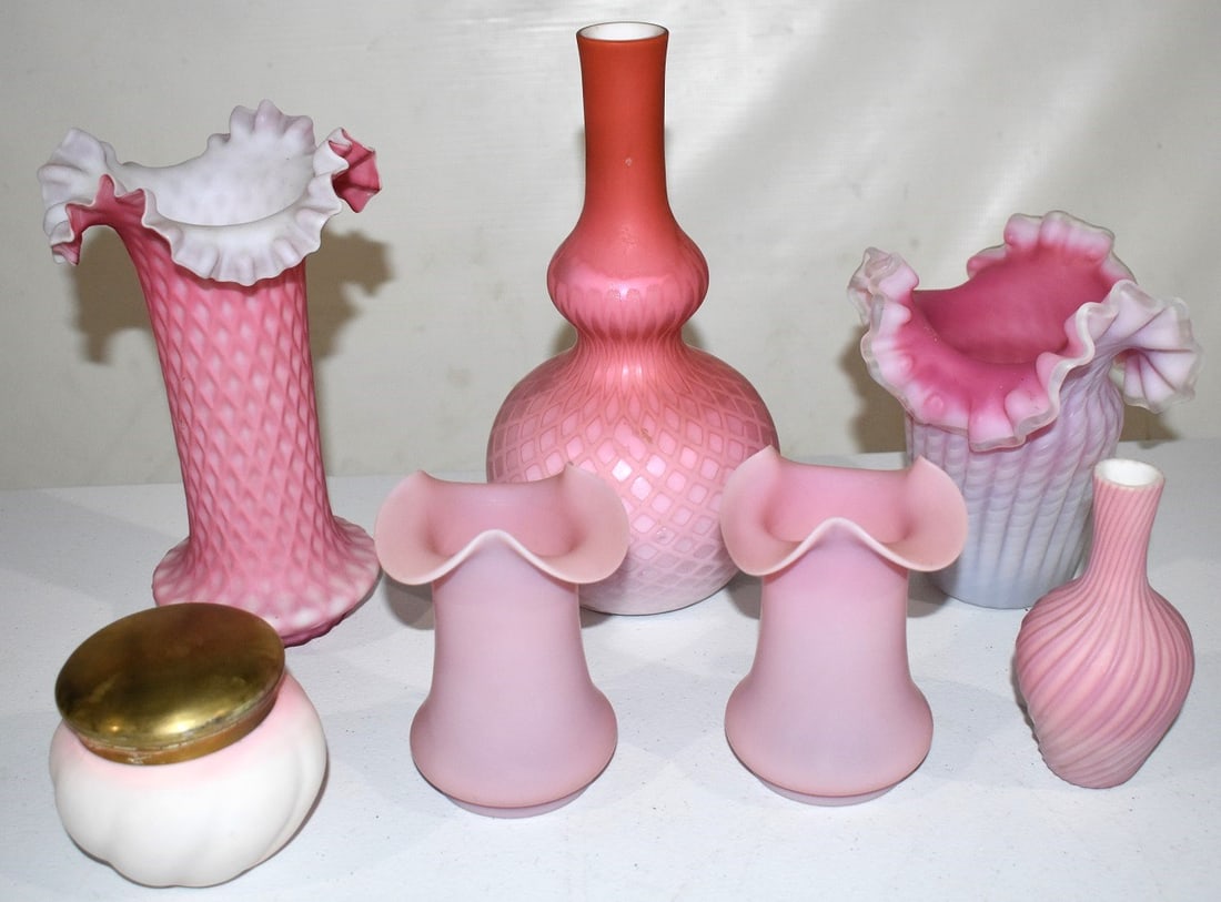 ASST. VICT. ART GLASS INCL. PINK SATIN, RUFFLED EDGE + (1 of 13)