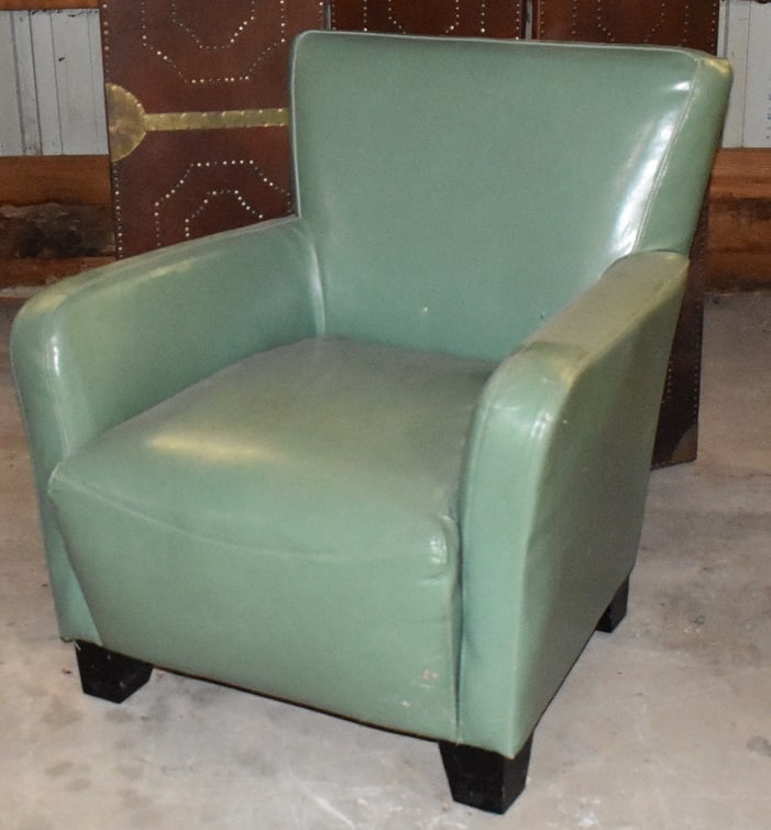 ART DECO STYLE TURQUOISE LEATHER CLUB CHAIR, 20TH C.: ART DECO STYLE TURQUOISE LEATHER CLUB CHAIR, 20TH C., H. 35" W. 31"
