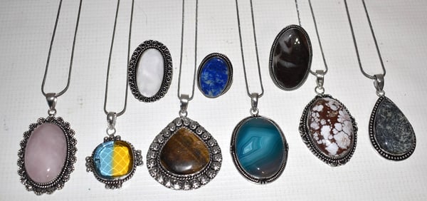 LOT (9) SW STYLE GERMAN SILVER/HARDSTONE PENDANTS/RINGS