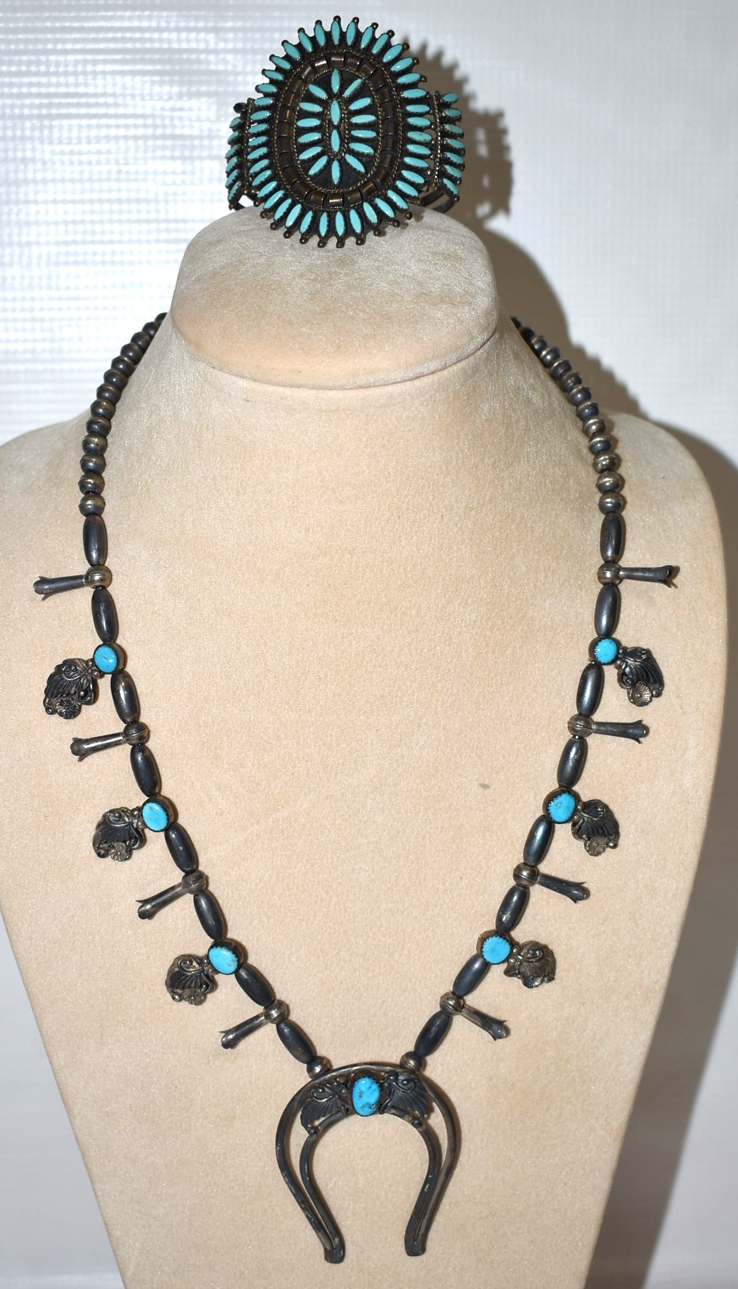2 SW AM. INDIAN STER. SQUASH BLOSSOM NECKLACE/BRACELET (1 of 10)