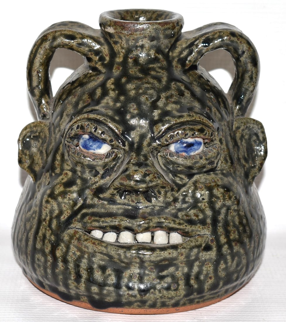 FOLK ART POTTERY FACE JUG SIGNED CLEATER/BILLIE MEADERS (1 of 6)