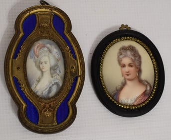 (2) FRENCH H/P PORTRAIT MINIATURES W/GUILLOCHE FRAME