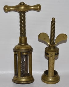 LOT (2) EARLY SPUN BRASS CORK SCREWS, 19TH C.
