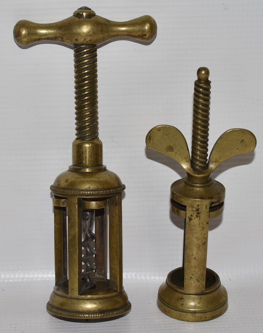 LOT (2) EARLY SPUN BRASS CORK SCREWS, 19TH C. (1 of 4)