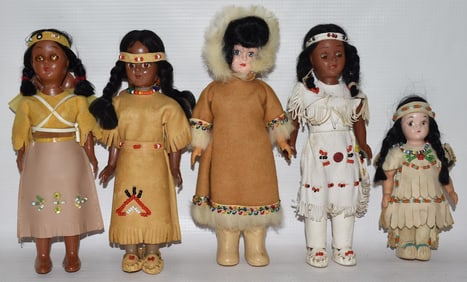 (5) AM. INDIAN BEADED/STITCHED DEERSKIN CLOTHED DOLLS
