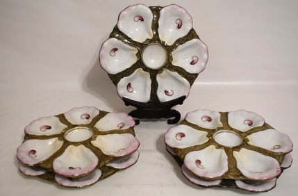 5 ASSORTED FRENCH H/P PORCELAIN OYSTER PLATES, 19TH C.