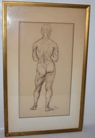 CONTE CRAYON MALE NUDE SIGNED PHILIP REISMAN