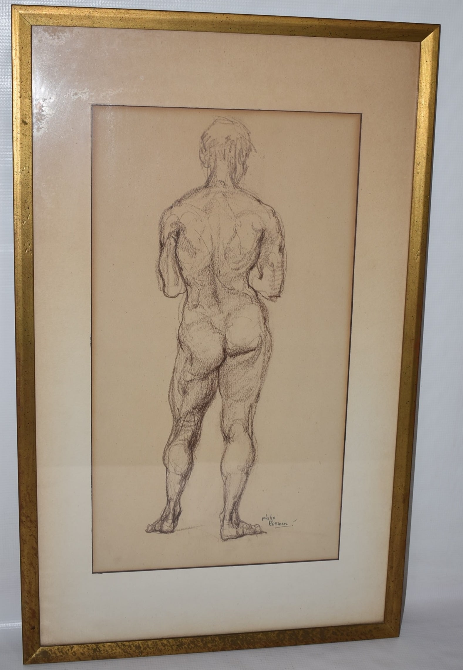 CONTE CRAYON MALE NUDE SIGNED PHILIP REISMAN: CONTE CRAYON MALE NUDE SIGNED PHILIP REISMAN (1904-1992, NY, NY) C. 1930, SIGHT 19 1/2" X 11", OVERALL 27" X 17"