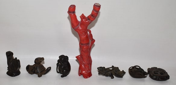 (7) CHINESE/ORIENTAL CARVED RED CORAL/BOXWOOD NETSKE'S
