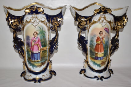 PAIR FRENCH H/P VICTORIAN FAN VASES, 19TH C.