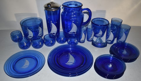 LARGE LOT ASSORTED SHIP PATTERN COBALT GLASS, 20TH C.