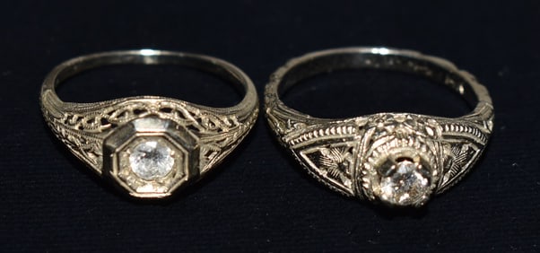 LOT (2) ART DECO 14KT WHITE GOLD/DIAMOND RINGS, C. 1920