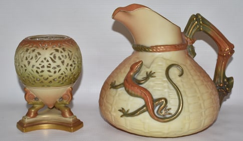 LOT (2) ROYAL WORCESTER H/P PORCELAIN EWER/ORB, 19TH C.