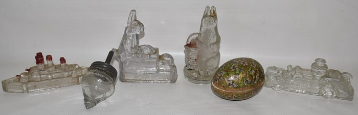LOT (6) ASSORTED GLASS/PAPER MACHE CANDY CONTAINERS