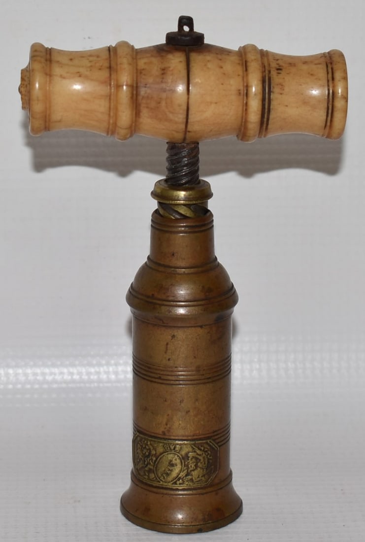 EARLY ENGLISH BRASS/CARVED BONE PATENT CORK SCREW: EARLY ENGLISH BRASS/CARVED BONE PATENT CORK SCREW, 18/19TH C., H. 6"