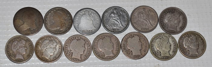 13 ASST. DIMES INCL. LIBERTY SEATED, CAPPED BUST, ETC.