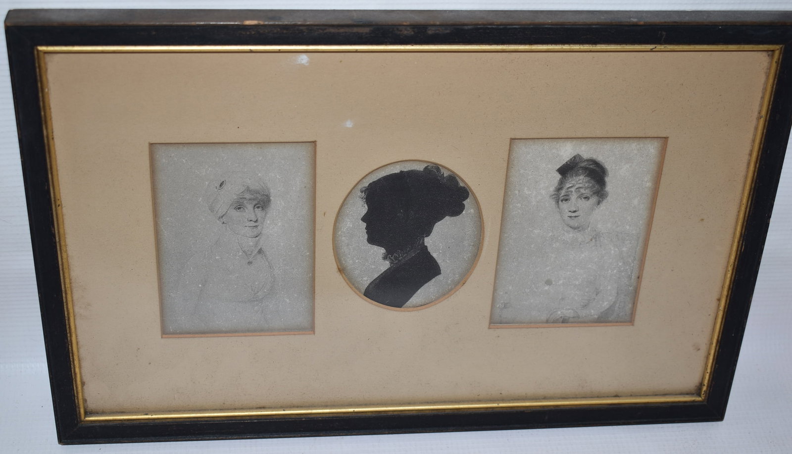 PRINTS SILHOUETTE & PORTRAITS, NEW HAVEN, CT, IDENTIFIED VERSO: PRINTS SILHOUETTE & PORTRAITS NEW HAVEN, CT, IDENTIFIED VERSO, FAITH TRUMBULL HUNTINGTON 1742-1775, MARIA TRUMBULL HUDSON 1785-1805, HARRIET TRUMBULL SILLMAN 1783-1850, C. 1849, H. 9" W. 14"