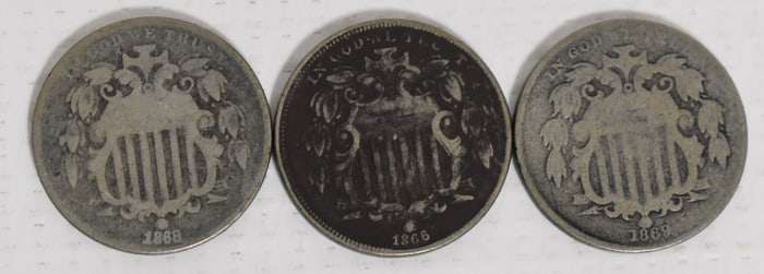 (3) SHIELD TYPE NICKELS INCL. 1866 W/RAYS, 1868 & 1869