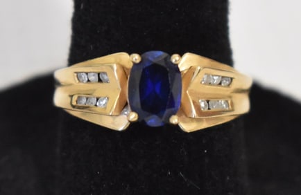 ART DECO STYLE 14KT YELLOW GOLD/SAPPHIRE/DIAMOND RING