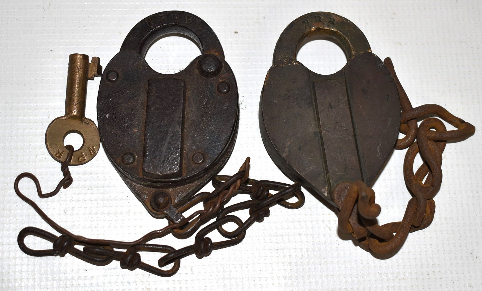 2 RR SWITCH LOCKS INCL. BRASS V.R.R. & IRON N.P.R.R. (1 of 12)
