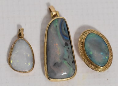 LOT (3) CUSTOM 14KT YELLOW GOLD/OPAL PENDANTS, 20TH C.