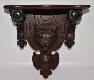 VICTORIAN BLACK FOREST CARVED WALL SHELF W/LION HEAD