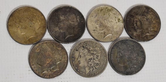 7 ASST. MORGAN/PEACE SILVER DOLLARS, VARIOUS DATES