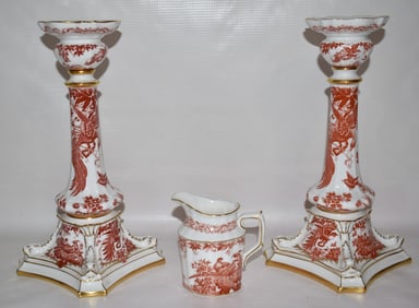 3 ROYAL CROWN DERBY "RED AVES" DECORATED PORCELAIN