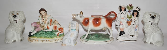6 ASST. STAFFORDSHIRE FIGURINES INCL. RARE COW CREAMER