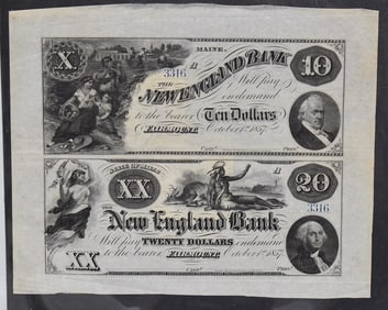 (2) 1857 NEW ENGLAND BANK NOTES SER. #3316 UN-CUT SHEET