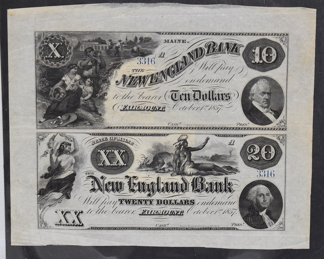 (2) 1857 NEW ENGLAND BANK NOTES SER. #3316 UN-CUT SHEET (1 of 5)