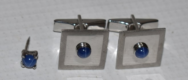 (3) DECO 14KT WHITE GOLD/STAR SAPPHIRE CUFFLINKS/PIN