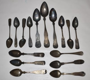 LOT ASSORTED EARLY COIN SILVER TEA/SOUP SPOONS, 19TH C.