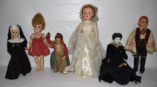 6 ASST. VINTAGE DOLLS INCL. CHINA/NUN/BRIDE/NATION