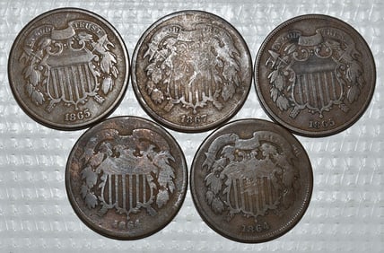 LOT (5) SHIELD COPPER TWO CENT PIECES, 1864-1867