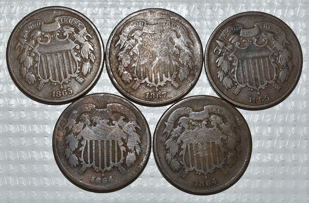 LOT (5) SHIELD COPPER TWO CENT PIECES, 1864-1867 (1 of 11)