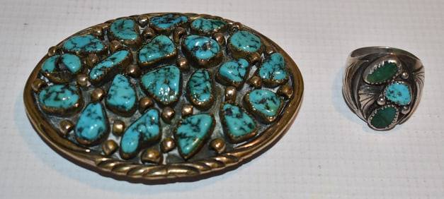 2 SW AM. INDIAN SILVER/TURQUOISE MOUNTED RING/BUCKLE