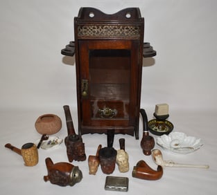 LOT (17) ASSORTED PIPE SMOKING ITEMS & CABINET, 19TH C.
