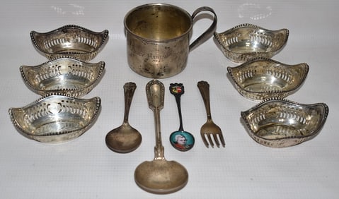 LOT ASST. STERLING INCL. 6 GORHAM NUT BOWLS/CHILDS CUP+