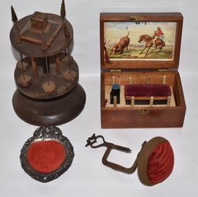 4 ANTIQUE SEWING COLLECTABLES INCL. STERLING, FOLK ART
