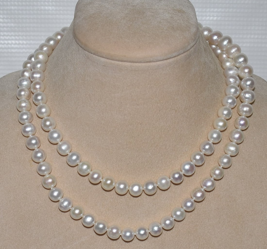 FANCY DECO STRAND 9MM CULTURED PEARL 14KT YW GOLD CLASP: FANCY DECO STRAND 9MM CULTURED PEARLS 14KT YELLOW GOLD CLASP (FINE LEATHER/SATIN CASE) L. 34"