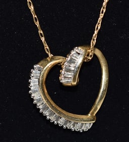 DECO 14KT YW GOLD/DIAM. HEART NECKLACE, 20TH C. 2.9 DWT