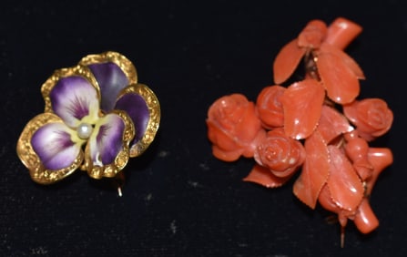 (2) 14KT YW GOLD ENAMELED PANSY/RED CORAL BROOCHES