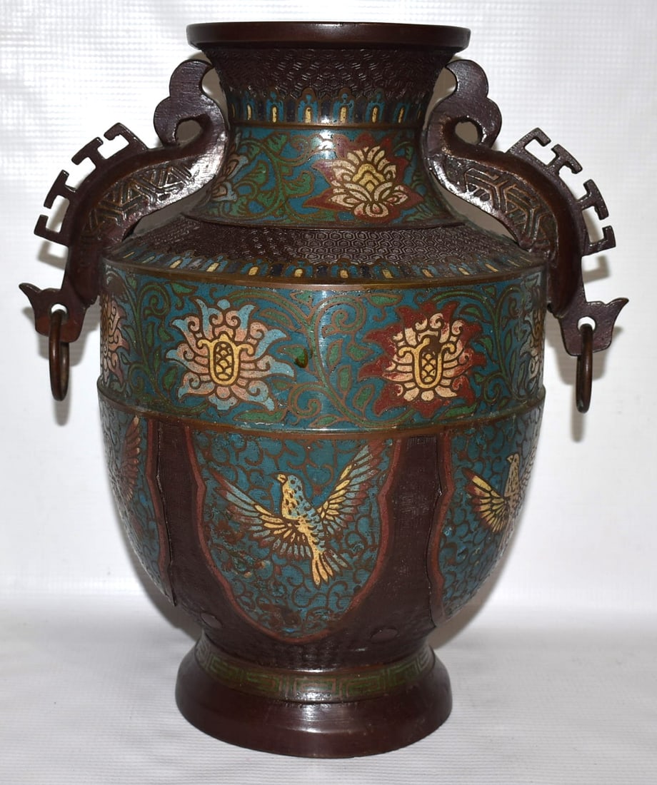 JAPANESE CHAMPLEVE VASE, C. 1920, H. 12" D. 10" (1 of 7)