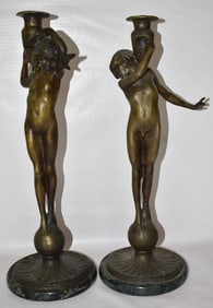 PR.  ART NOUVEAU BRONZE NUDE CANDLE STICKS SIGNED
