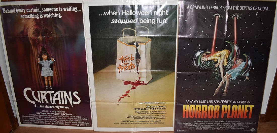 3 VINT MOVIE POSTERS INCL. HORROR PLANET/TRICK OR TREAT: LOT (3) VINTAGE MOVIE POSTERS INCL. HORROR PLANET 1982, TRICK OR TREAT 1982, CURTAINS 1983, 41" X 27"