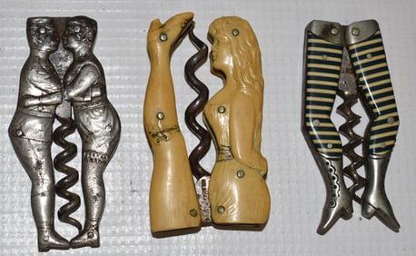 LOT (3) FIGURAL FOLDING CORK SCREWS W/RISQUE LEGS