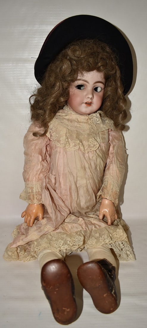 GERMAN BISQUE DOLL W/SLEEP EYES, EARRING HOLES: GERMAN BISQUE DOLL W/SLEEP EYES (NEEDS REPAIR), EARRING HOLES, OPEN MOUTH, 19/20TH C., H. 28"