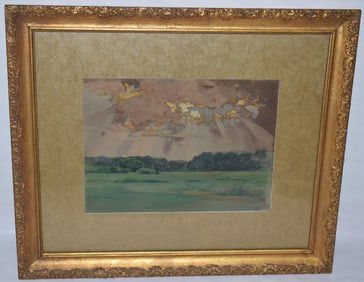 W/C LANDSCAPE W/BREAKING SUN SIGNED MONOGRAMMED CHT